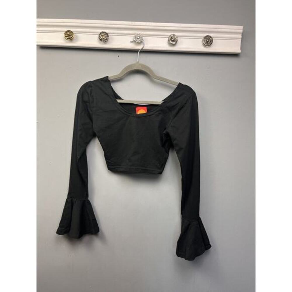 Snap Cropped Top Womens Small Black‎ Bell Sleeves Stretch Festival Pullover Bell